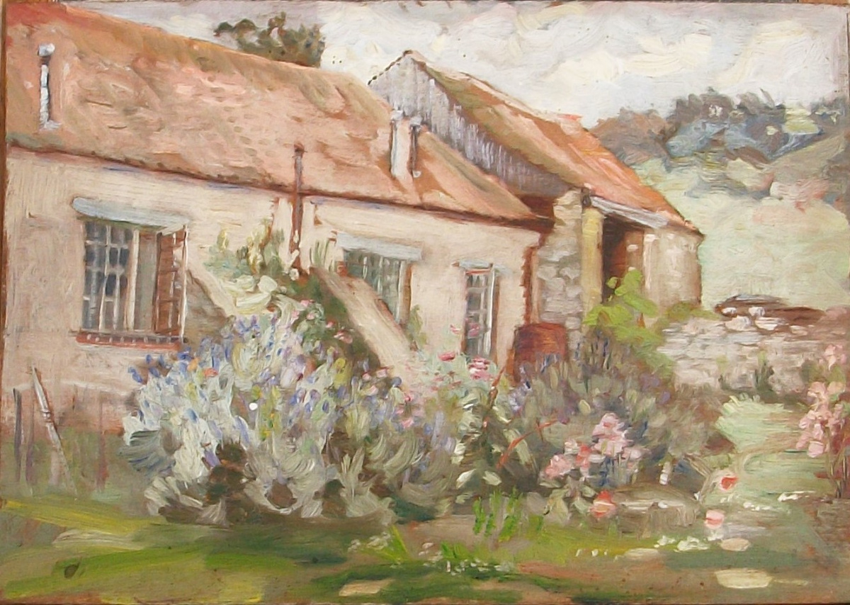 oil on board depicting a country cottage